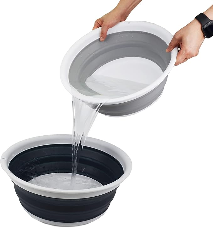 SAMMART 7.5L Set of 2 Collapsible Tub - Foldable Dish Tub - Portable Washing Basin - Space Saving Plastic Washtub (Grey + Dark Sea Green)