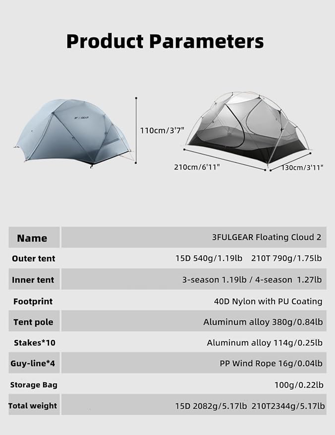 3FULGEAR Backpacking Tent Floating Cloud 2 Easy Setup 2 Person 3/4 Season Ultralight Tents Waterproof Windproof Double Layer Lightweight Outdoor Tent for Camping Hiking Hunting Survival