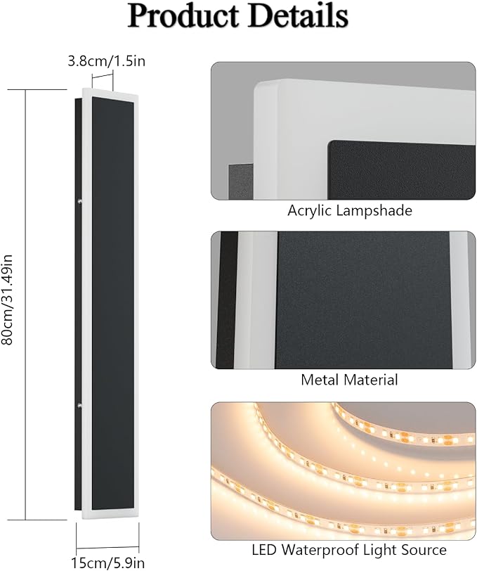 Modern Outdoor Wall Sconce 31.5InchExterior LED Wall Light Fixture IP65 Waterproof 3000K for Porch Garage Courtyard