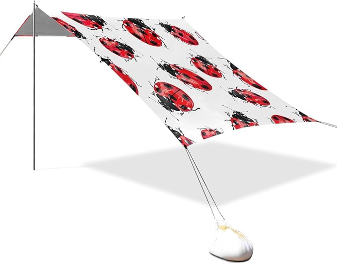 Lady Bug Pattern Beach Tent Sun Shelter 9.2' x 10.5' Beach Canopy with 4 Sandbags 4 Stability Poles Sand Shovels - Tent Canopy for Beach Camping Fishing Picnics