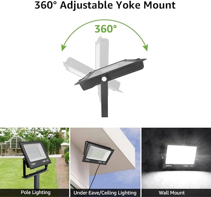 Lepro 100W Outdoor LED Flood Lights 5000K 10000 Lumens Super Bright for Yard Garden Driveway Pool Parking Area Playground Outside Floodlight Fixture (watts 100)