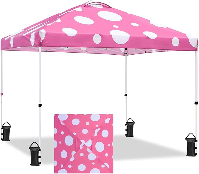 EAGLE PEAK Pop Up Canopy Tent with Wheeled Carry Bag 8 Stakes 4 Ropes 4 Weight Bags Easy Set Up Tent Canopy 10x10 ft 100sqft of Shade Pink Mushroom