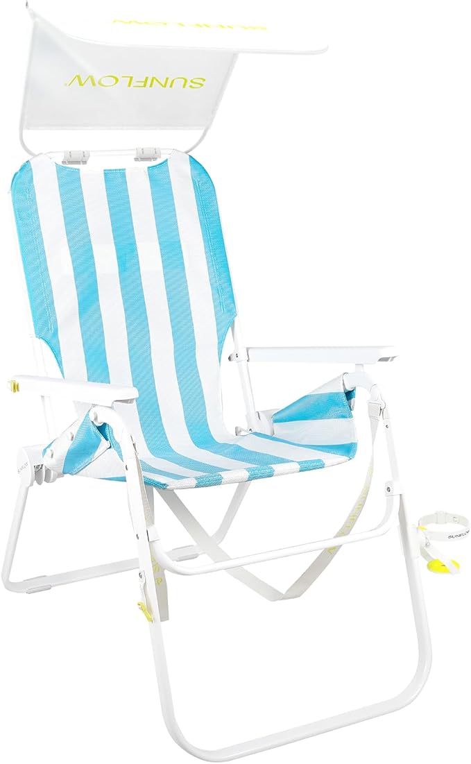 SUNFLOW The Tall Sand Dune Premium Beach Chair Portable Rust-Resistant Adjustable Reclining Lounger with UPF 50+ Sun Shade and Drink Holder for The Ultimate in Comfort - Sky Blue Stripe