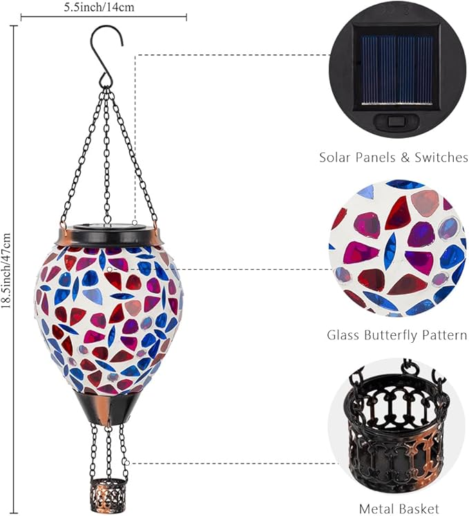 Mosica Hot Air Balloon Solar Lantern Glass Hanging Solars Lanterns Outdoor Waterproof Decorative Solar Light for Garden Yard Patio Decor(Butterfly Pattern)