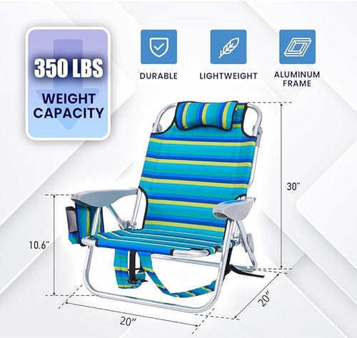2 Pack Lightweight Portable Recliners Chair for Adults Outdoor Lay Flat Folding Beach Chairs with 5 Positions Backpack Beach Chair with Towel Bar Zipper Pouch Cup Holder NEW Striped