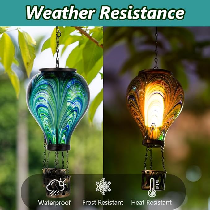 Starsoul Hot Air Balloon Solar Lantern Flickering Flame Light Tie-Dye Style Glass Solar Powered Hot Air Balloon Lamp Hanging Outdoor Lantern Waterproof Decor for Patio Garden Porch