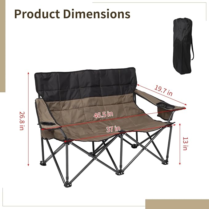Double Folding Loveseat Camp Chair for Adults - 46.5 in Low-Profile Outdoor Camping Couch with Cup Holders Two People Heavy Duty Folding Couch Portable Loveseat for Camping Patio Lawn and Picnic