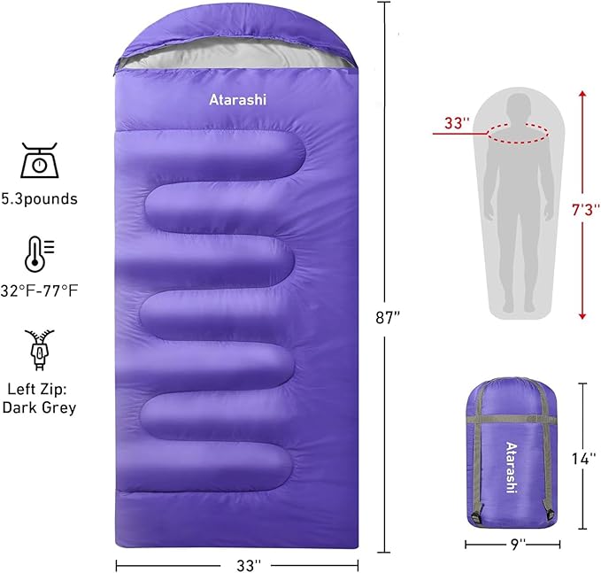 Atarashi Camping Sleeping Bag- 4 Seasons for Adults Light Warm Extra-Large with Compression Sack- Great for Hiking Backpacking &amp Outdoor Adventures