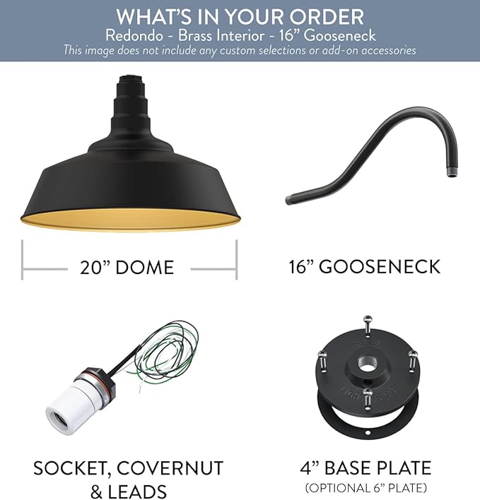 Steel Lighting Co. Large Outdoor Barn Light | Gooseneck Light Fixture | Made in America from 18-Gauge Steel | 20 Dome | 16 Gooseneck Matte Black Exterior/Brass Interior