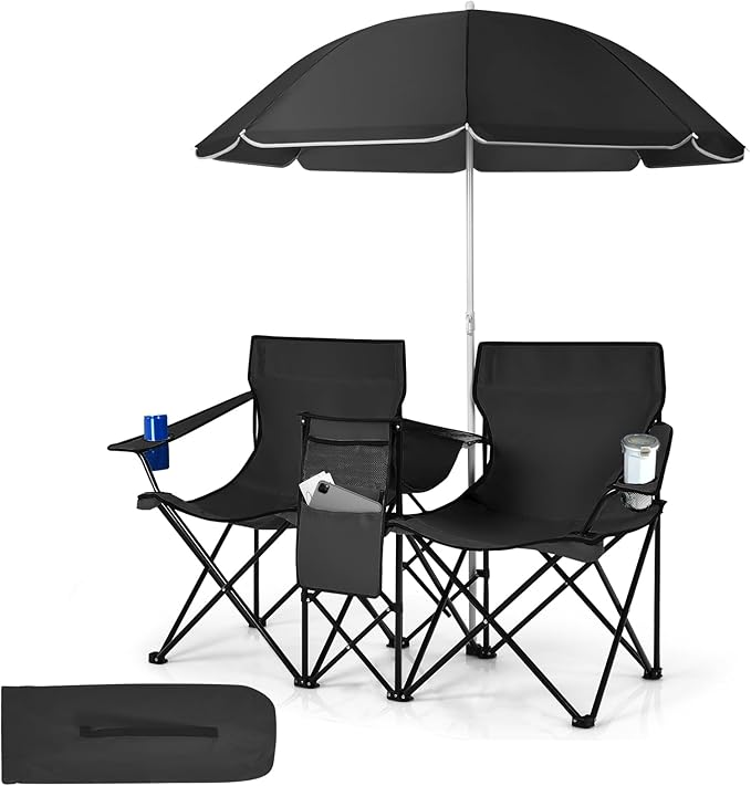 Tangkula Double Camping Chairs with Umbrella Portable 2 Seat Folding Camp Chair with Cooler Bag Beverage Holder Carrying Bag Foldable Lawn Chair for Outside Fishing Picnic Beach