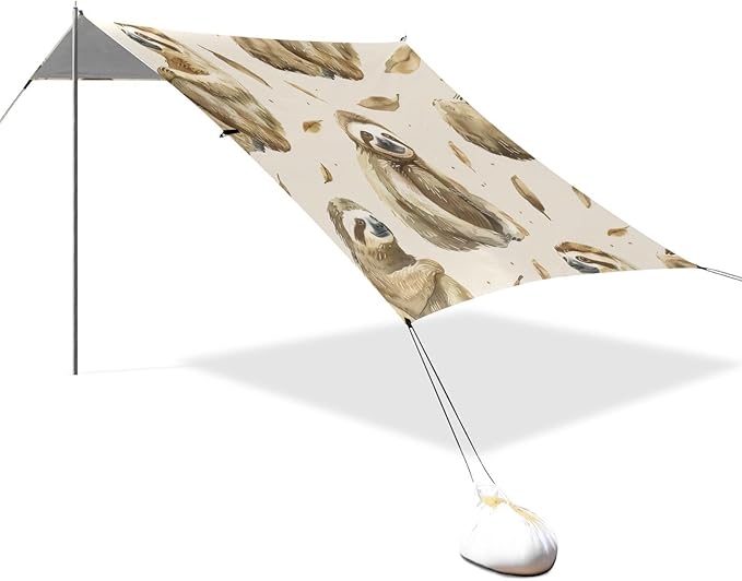 Sloth Pattern Beach Tent Sun Shelter 9.2' x 10.5' Beach Canopy with 4 Sandbags 4 Stability Poles Sand Shovels - Tent Canopy for Beach Camping Fishing Picnics