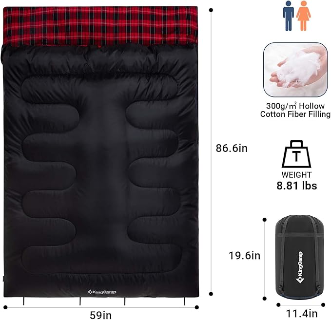 KingCamp Double Sleeping Bag for Adults Queen Size 2 Person XXL Flannel Sleeping Bag Waterproof Lightweight Flannel Quilt with 2 Pillows Perfect for Couples Family Camping Hiking