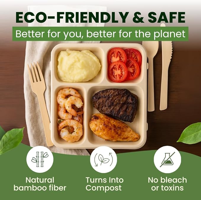 Dtocs Compartment Plates Disposable (40 Pcs) 4 Portions | Bamboo Fiber Heavy Duty Sectional Lunch Trays for Camping Catering Buffet Dinner | Microwavable Leak-Proof Multipurpose Divided Plates