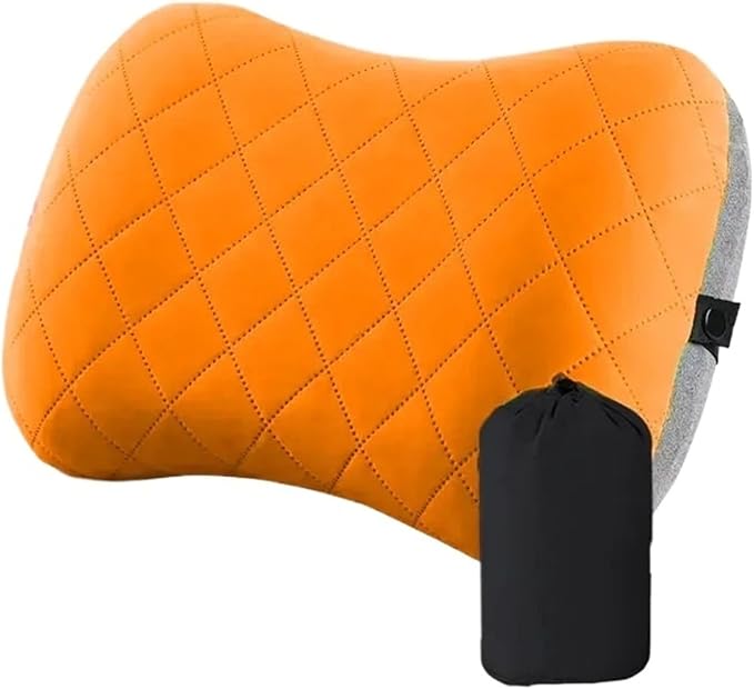 Ultralight Inflatable Camping Travel Pillow with Soft Washable Cover - Ergonomic Inflating Pillows for Neck &amp Lumbar Support(Orange)