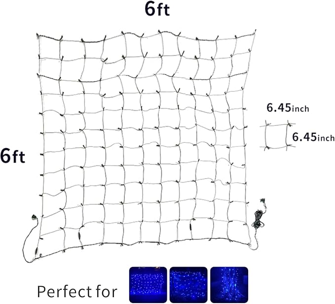 LED Christmas Net Lights Outdoor UL Certified 144LED 6ftx6ft Green Wire Connectable Waterproof Mesh Light for Christmas Party Yard Shrubs and Bushes Decorations (Blue)