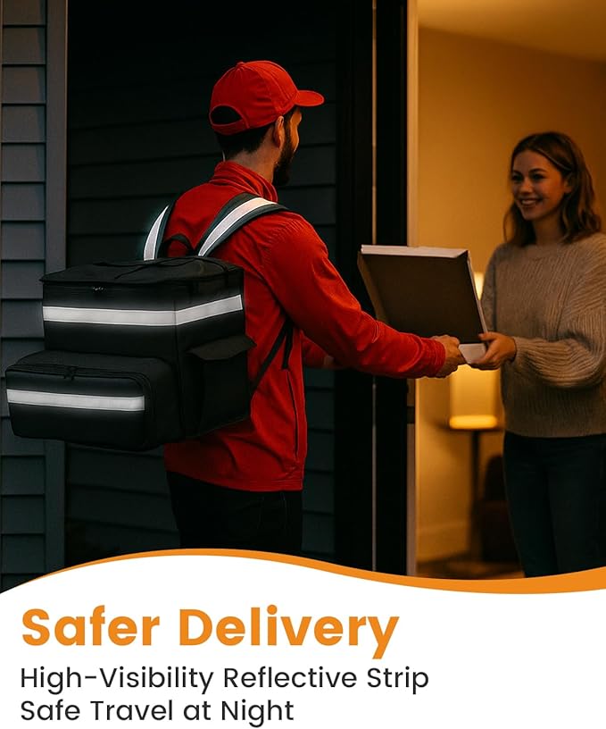 Bodaon Food Delivery Backpack with 2 Base Plates Dual-Layer Insulated Compartments Waterproof Lining Reflective Strip - Pizza Delivery Bag for Bike Couriers Grocery Takeout Food Transport