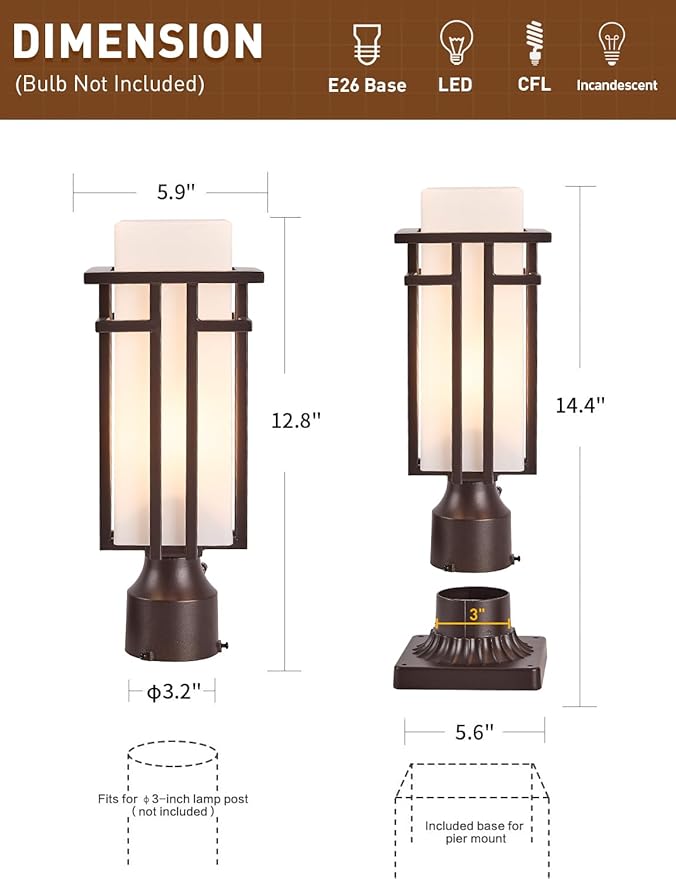 Oil Rubbed Bronze Outdoor Post LightsWaterproof Pole Mount Light Fixture with Pier Mount Adapter(with 3-Inch Pier Mount Base) Exterior Lamp Post Lantern Head for YardGarden Backyard and Porch