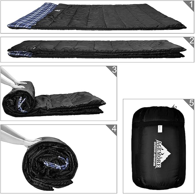 AGEMORE Cotton Flannel Double Sleeping Bag for Camping Backpacking Or Hiking. Queen Size 2 Person Waterproof Sleeping Bag for Adults Or Teens. Lightweight with Compression Sack