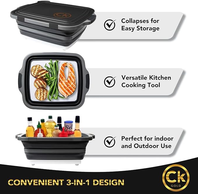 New XL Collapsible BBQ Prep Tub with LOCKING Lid Cutting Board &amp Drain Hole | BPA-Free Food-Grade Space-Saving Prep Tubs for Marinating Grilling Camping &amp Outdoor Cooking (Black 16L)
