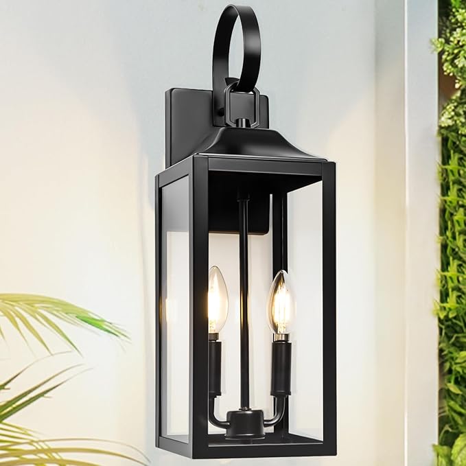 19 Black Outdoor Wall Lantern 2-Light Large Outside Modern Porch Sconce Light Fixture Industrial Porch Light Wall Mount with Glass Waterproof Farmhouse Exterior Lamp Lighting （1 Pack）
