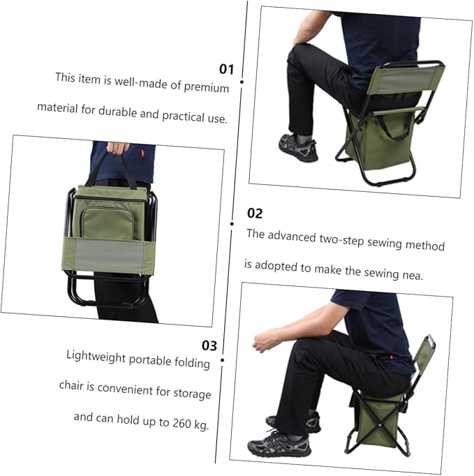 BESPORTBLE 1Pc Folding Fishing Chair with Insulated Cooler Bag Portable Outdoor Camping Chair with Storage and Backrest Durable Lightweight Easy to Carry for Fishing Hiking and Beach Use