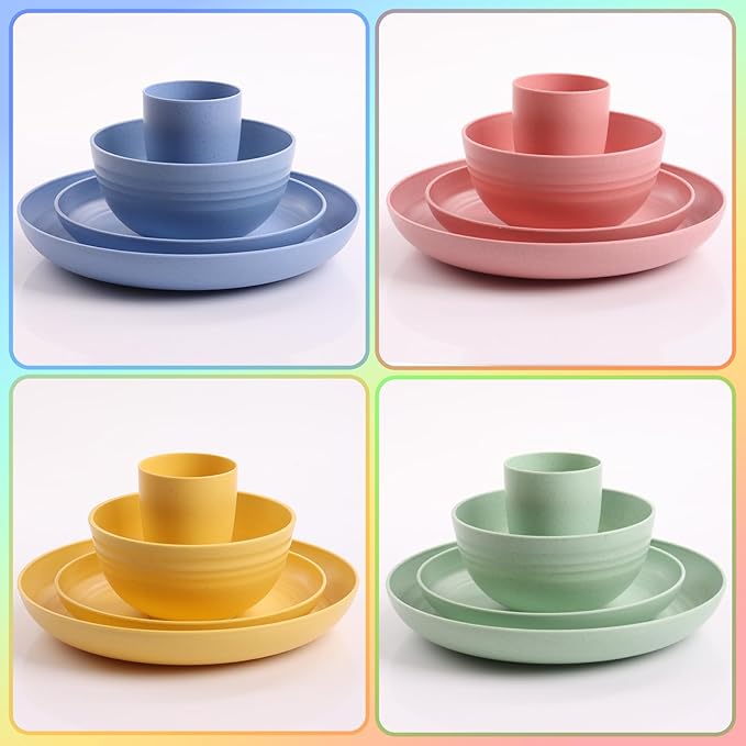 32 pcs Unbreakable Lightweight Wheat Straw Dinnerware Sets for 8 Reusable Kids Plates and Bowls Sets Non Toxic Microwave and Dishwasher Safe Plastic Dishes Set Camping RV Picnic Dishes