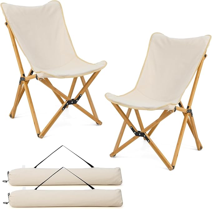 Tangkula Camping Chairs 2 Pack Portable Folding Lawn Chair with Solid Bamboo Frame Ultralight Canvas Seat Back Pocket Carrying Bag Outdoor Beach Chair for Backpacking Fishing Travel Camp