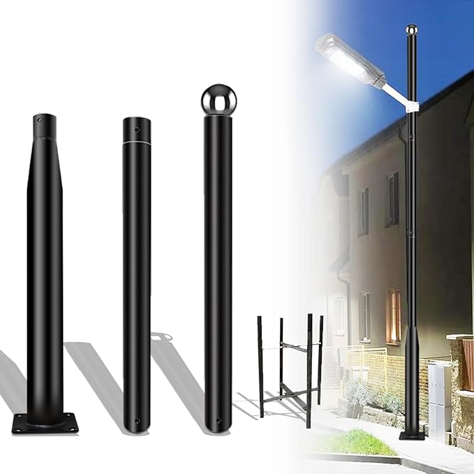 10Ft Tall Street Light Pole - Outdoor Metal Split Heavy Duty Street Lamp Post for Outside Large Solar Street Lights with Mounting Rebar Cage Base Accessory for Parking Backyard Patio Yard