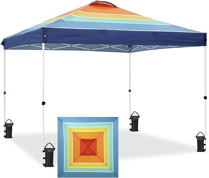 EAGLE PEAK Pop Up Canopy Tent with Wheeled Carry Bag 8 Stakes 4 Ropes 4 Weight Bags Easy Set Up Tent Canopy 10x10 ft 100sqft of Shade Retro Stripe Multi