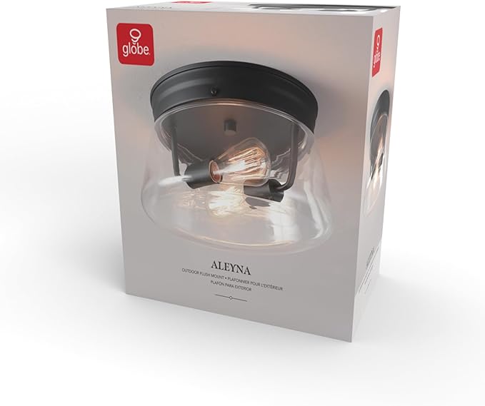 GLOBE Electric 44777 Aleyna 2-Light Outdoor Flush Mount Ceiling Light Matte Black Clear Glass Shade Bulb Not Included