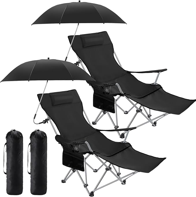 2 Set Reclining Camping Chair with Umbrella for Adult Folding Camping Chair with Foot Rest Adjustable Clamp Canopy Shade SPF 50+ Lounger for Outdoor Spring Summer Travel (BlackOxford)