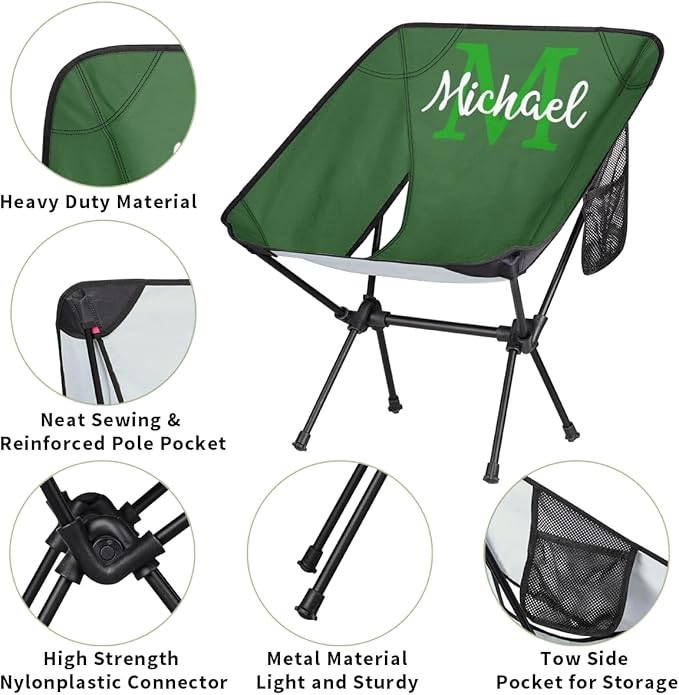 Custom Green Portable Camping Chair Personalized Backpacking Chair with Name Lightweight Foldable Chairs for Hiking Beach