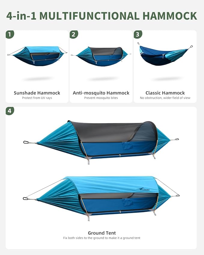 Camping Hammock Tent with Mosquito Net and Removable Sunshade 4 in 1 Function Lightweight Hanging Hammocks Tree Straps Swing Bivvy Ground Tent for Outside Hiking and Travel