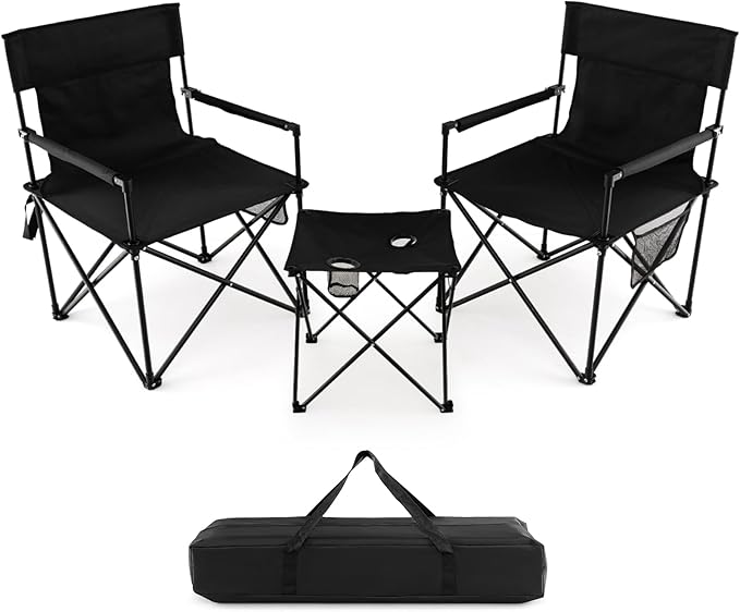 Tangkula 3 Piece Camping Chairs with Table Portable Folding Lawn Chair with Side Table Carrying Bag Side Storage Pocket 2 Cup Holders Outdoor Beach Chair Set for Backpacking Travel Camp