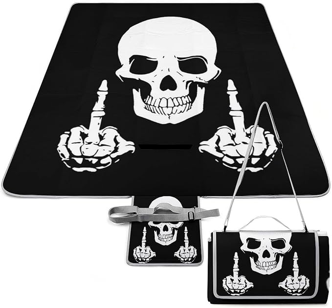 Vintage Halloween Black Victorian Gothic Skull Damask Waterproof Outdoor Picnic Blanket Sandproof Beach Mat for Camping Hiking Grass Travelling