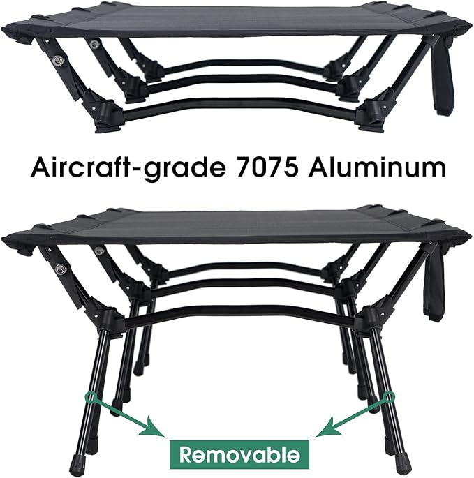 CAMPNACHT Ultralight Camping Cot with Leg Extenders Aluminum Lightweight Folding Cot for Adults Portable Backpacking Compact Tent Cot for Outdoor Hiking 1 Pack with 2 Use Modes Black