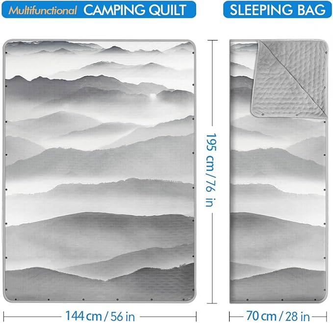 Outdoor Camping Quilt Warm Thick Blanket with Polar Fleece Packable Down Wearable Camp Blankets with Snap Buttons Soft Puffy Quilt for Cold Weather (Mountains 76'' x 56'')