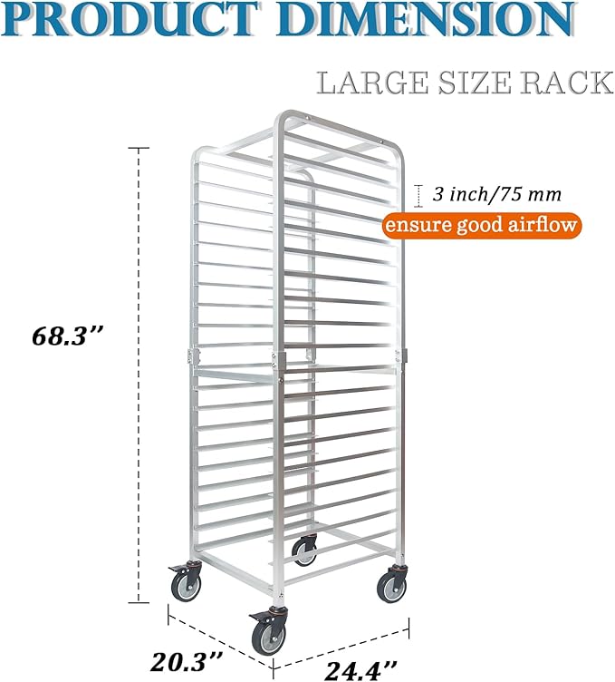 20-Tier Half &amp Full Sheet Bun Pan Rack - Bread Bakers Rack for Commercial Kitchen Rolling Baking Cart with Brake Wheels 26 L x 20.3 W x 68.3 H