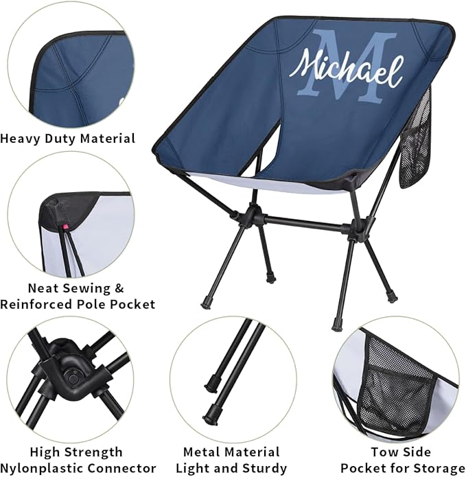 Custom Dark Blue Portable Camping Chair Personalized Backpacking Chair with Name Lightweight Foldable Chairs for Hiking Beach
