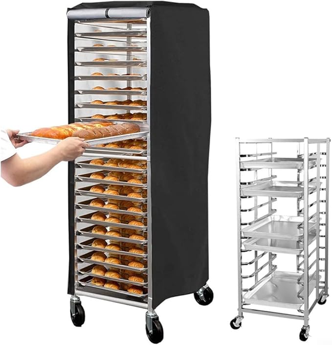 420D Waterproof and Dustproof Bun Rack Cover with PVC Window for 59x72x163cm Commercial Bakery Pan Rack Black Polyester Fabric Outdoor Protection