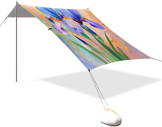 ALAZA Iris Flower Painting Beach Tent Sun Shelter UPF50+ Protection Beach Shade Canopy w/ 4 Sandbags for Outdoor Camping Fishing Backyard Fun Picnic 10x9 ft