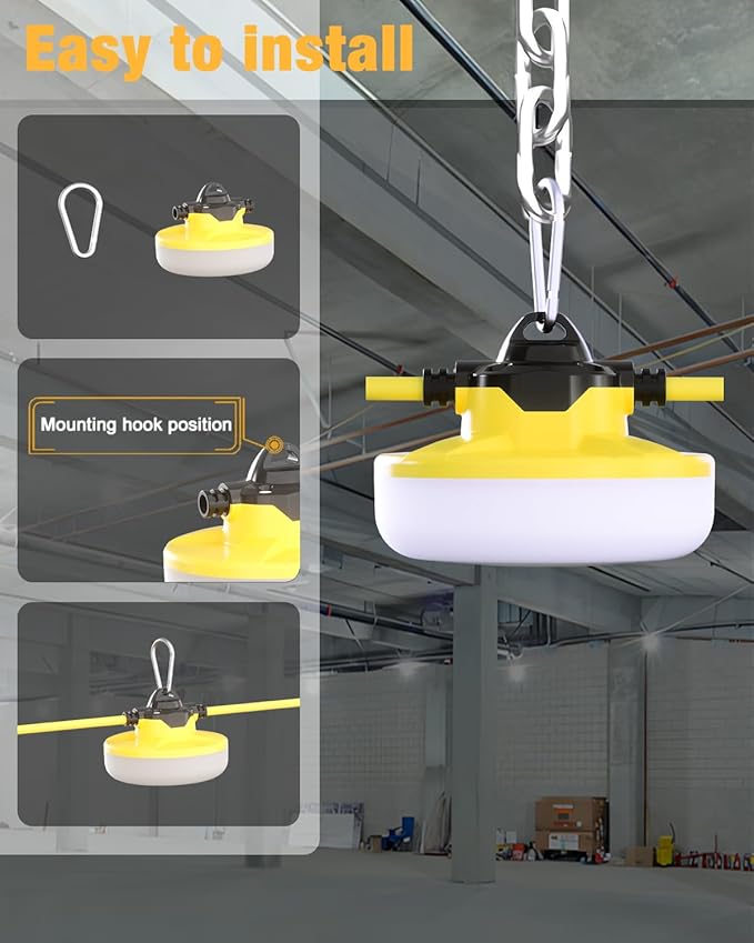 LED Construction String Light 50FT 65W 8000Lm Industrial LED String Work Lights with 5 Bulbs 5000K Linkable Work Lights Temporary Lighting for Construction Site Job Site Attic Crawl Space