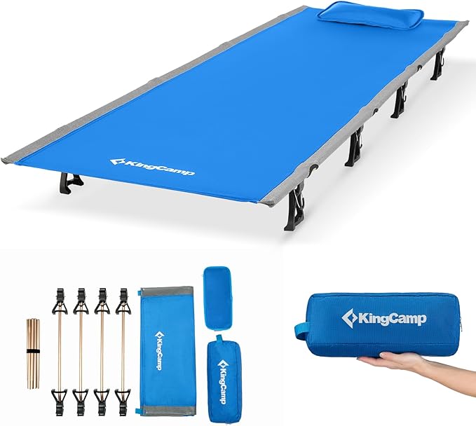 KingCamp Ultralight Camping Cot Portable Folding Tent Camping Cot 265 Lbs Heavy Duty Sleeping Cot with Pillow for Adults Outdoor Backpacking Travel Hiking Blue