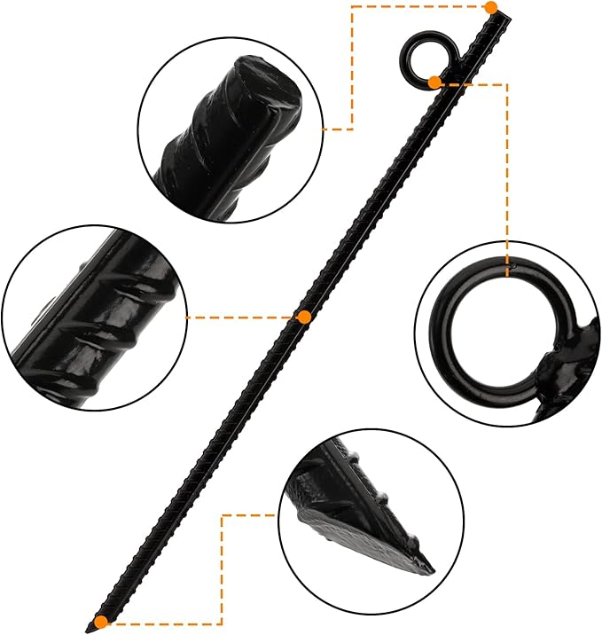 ZOOFOX 12 Pack 17 Inch Black Ground Anchor Heavy Duty Steel Rebar Stakes with Loop Reusable Tent Stakes for Outdoor Camping