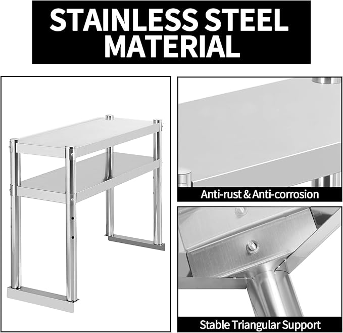 Stainless Steel Double Overshelf 36''L x 12''W Commercial 2 Tier Overshelf Height Adjustable Overshelf for Prep Work Table in Kitchen Restaurant