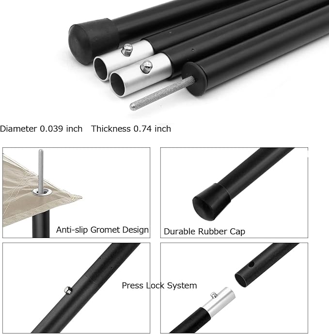 SAN LIKE Aluminum Tent Poles for Tarp 60inch 2 Sets (4 Sections) Black Waterproof Camping