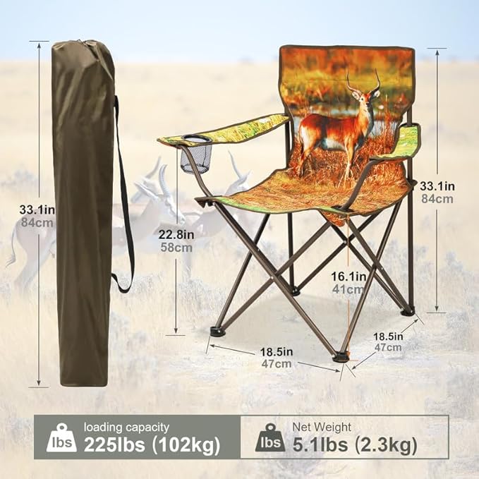 2 Pcs Animal Pattern Camping ChairFolding Backpacking Lightweight Beach Chair w/Cup HolderSide PocketCarry BagPortable Adults Lawn Chair for Family OutdoorHikingPartiesAntelope