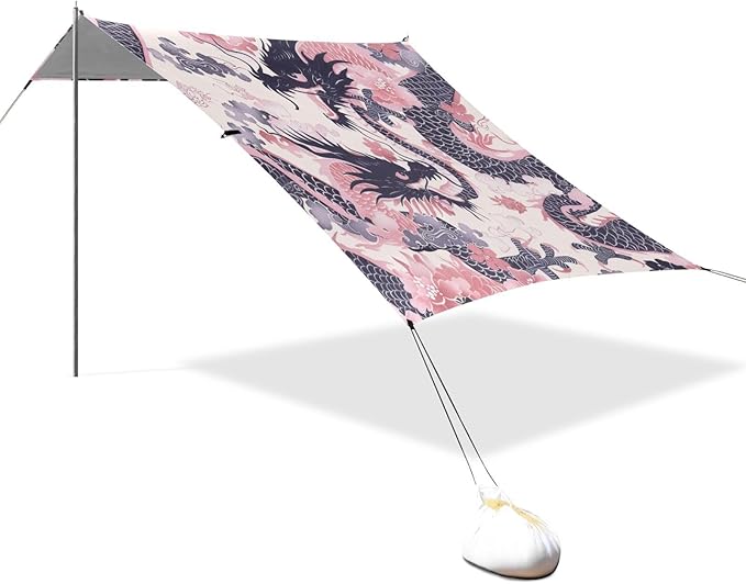 Pink Japanese Dragon Beach Tent Sun Shelter 9.2' x 10.5' Beach Canopy with 4 Sandbags 4 Stability Poles Sand Shovels - Tent Canopy for Beach Camping Fishing Picnics