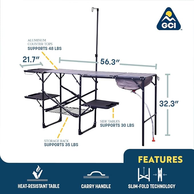 GCI OUTDOOR Master Cook Station | Portable Folding Kitchen Table with Soft Shell Sink Heat Resistant Tabletop &amp Telescoping Lanter Pole Perfect for Camping Trips