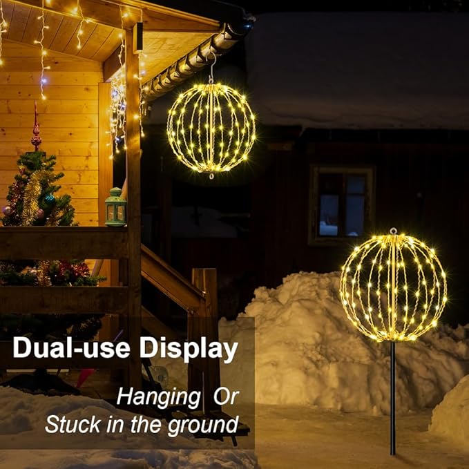LIGHTSHARE 12IN 96LED Light Ball Yard Decoration Pathway Lights Sphere Light with Fold Flat Metal Frame Indoor Outdoor Waterproof Garden Lights Plug in